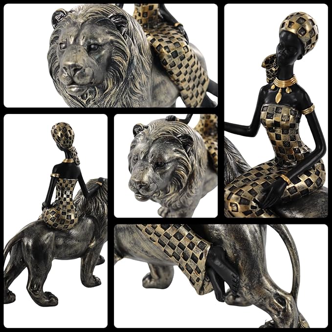 African Woman Riding Lion Resin Statue – Tribal Figurine for Home Decor, Elegant Black and Gold Sculpture for Shelf, Desk, or Mantel, Unique for Mom, Friends, Women, Christmas