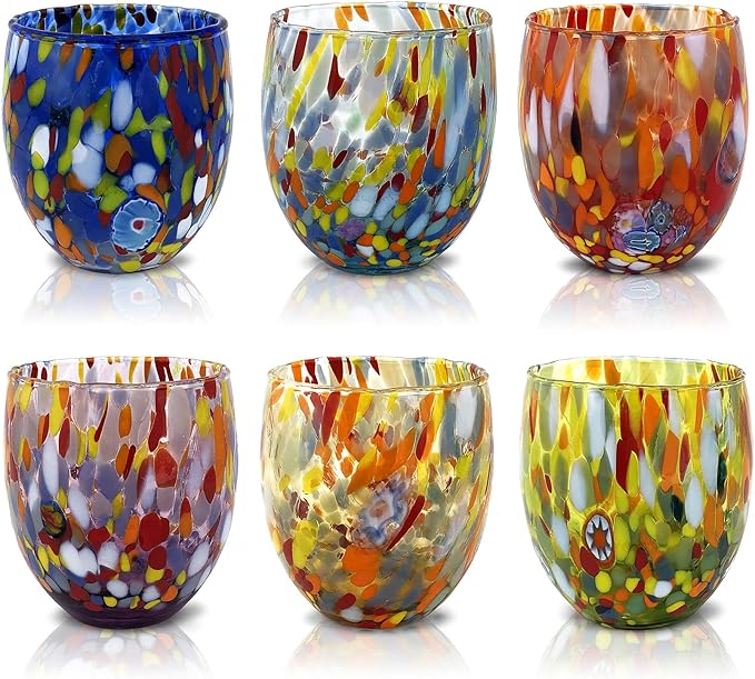MAZZEGA ART & DESIGN - Set of 6 Handcrafted Blown Glass Water Glasses with Refined and Original Murano Murrine - The Colors of Murano - 'Classic 9,8 oz' Model. Made in Italy (1, 6 Color Mix)