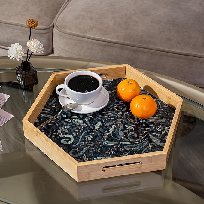 PEMAR 15.7" Hexagonal Bamboo Tray for Serving Coffee, Breakfast, Bread, Food, Art Decor. Decorative Pattern Tray for Coffee Table, Kitchen Counter, Vanity, Bedroom, Ottoman, Home Decor (Turquoise)