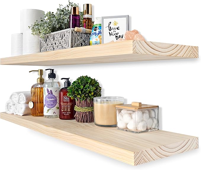 Sorbus Wood Floating Shelves for Wall - 35” Solid Wood Shelves for Bathroom Decor, Books, Bedroom & Living Room - Set of 2 Natural Wall Mounted Kitchen Shelves - Durable Solid Pine