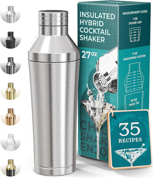 Insulated Cocktail Shaker Set | Double Wall Stainless Steel | Martini Shaker for Home Bar Bartending | Built-in Drink Measurement System & Strainer, Travel Bag, 35 Recipes | Gift Set (Silver)