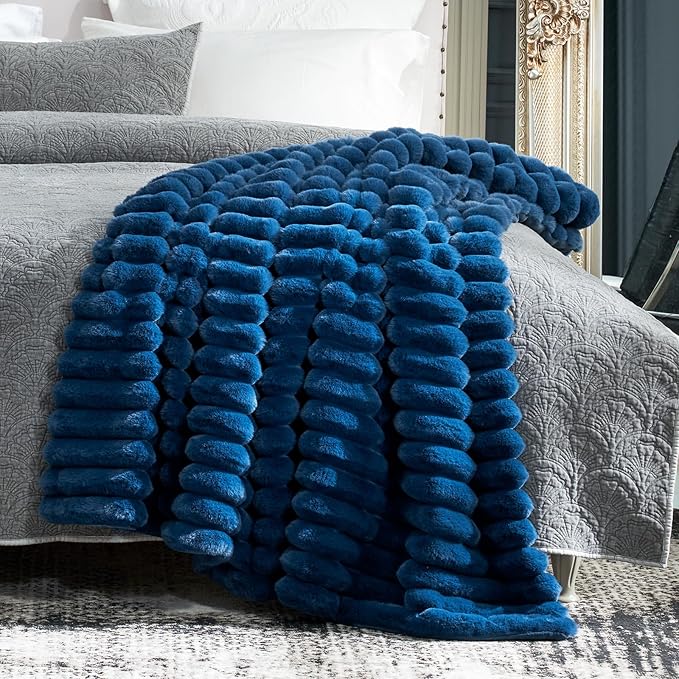 Cozy Bliss Faux Fur Throw Blanket for Couch, Cozy Warm Plush Striped Blanket for Sofa Bedroom Living Room, 50 * 60 Inches Navy Blue