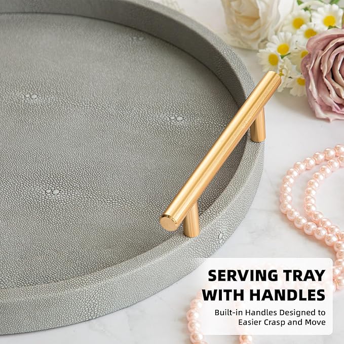 Leather Serving Tray, Set of 2 Round Shagreen Tray with Gold Polished Metal Handles, Decorative Trays Coffee Table Ottoman Trays for Living Room Bathroom Vanity Home Decor (Gray)