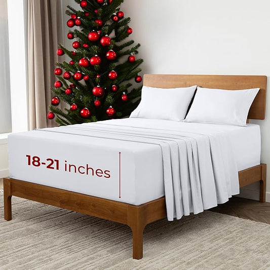 Mellanni Extra Deep Queen Sheets - 4 PC Iconic Collection Bedding - Hotel Luxury, Ultra Soft, Cooling Bed Sheets - Wrinkle, Fade, Stain Resistant (Queen, White)