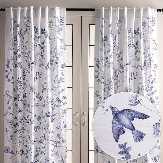 Maison d' Hermine Curtains for Living Room 100% Cotton 96 inch Length Two Panels Light Filtering Curtains for Bedroom Windows with Rod and Loop Pockets Drapes (Neo Ipomee White, 50" W x 96" L)