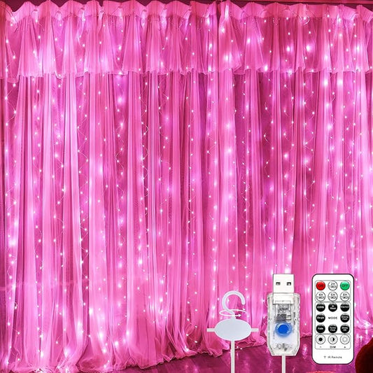 Pink Curtain Light for Bedroom, 300 LED 9.8ft x 9.8ft Window Fairy Curtain String Light with 16 Hooks, 8 Models Remote Control for Wedding Party Home Garden Indoor Decorations