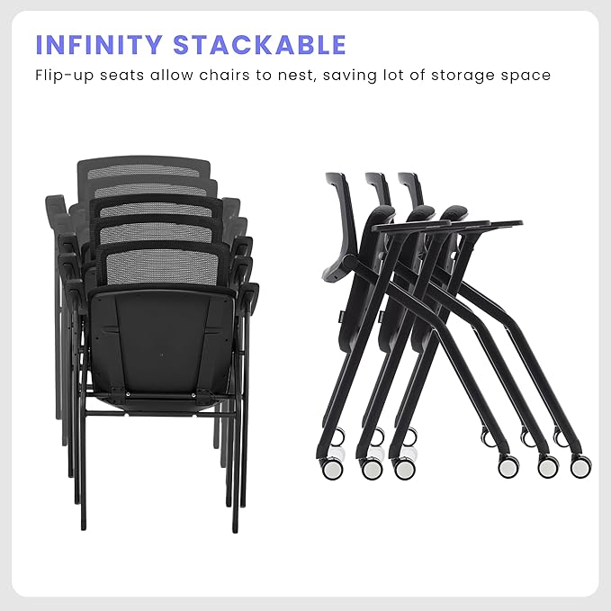 30 Pack Stackable Conference Room Chairs with Wheels and Paddle, Ergonomic Mesh Back and Arms for Meeting, Conference, Reception, Training Room & Home Office Desk Folding Chairs