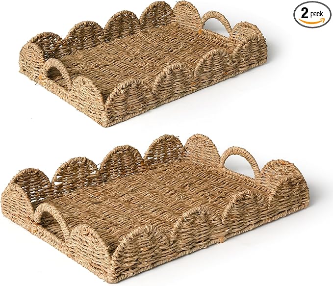 KOKODO Set of 2 Scalloped Wicker Baskets – Handwoven Seagrass Storage Baskets with Handles for Organizing, Bathroom, Living Room & Shelf Décor – Decorative Rattan Organizing Tray