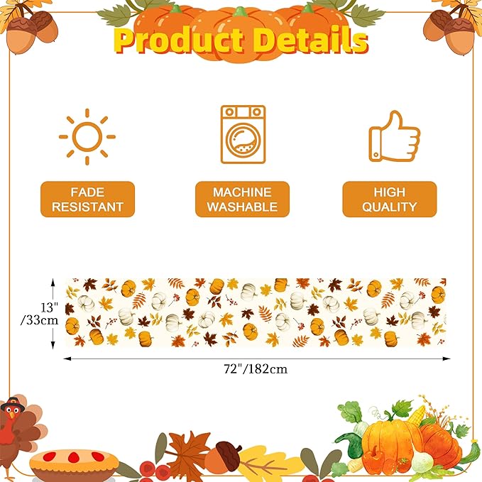 YATOJUZI Maple Leaf Pumpkin Table Runner - Fall Autumn Table Runners Home Kitchen Dining Table Decorations Decor for Thanksgiving Day Party - 13x72 Inch