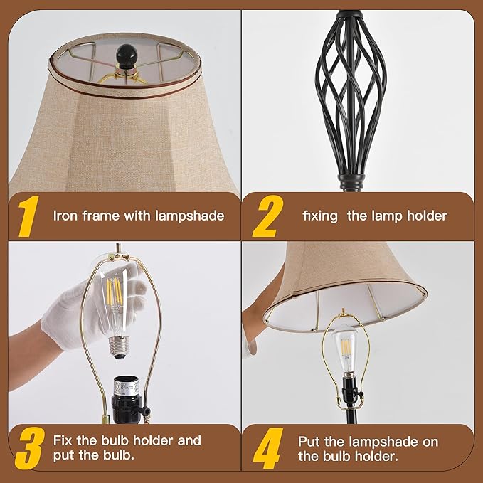 3 Pack Lamp Set, Living Room Lamp Set with Vintage Brown Fabric Shades, Bronze Finish, Solid Iron