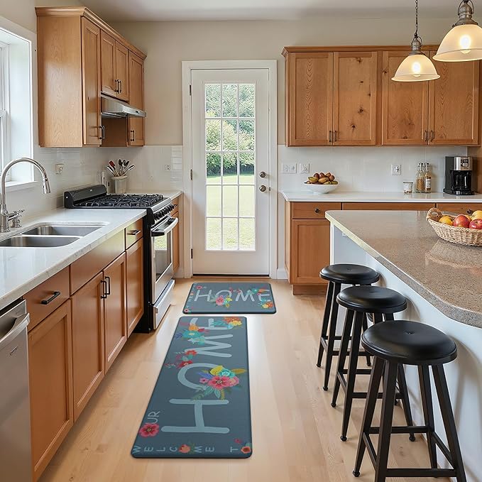 GENIMO Anti Fatigue Kitchen Mats for Floor, Non Slip Washable Home Theme Rugs Sets of 2, Farmhouse Cushioned Waterproof Comfort Runner Rug for Kitchen, Sink, Desk, Laundry, 17"x 47"+17"x 30", Blue