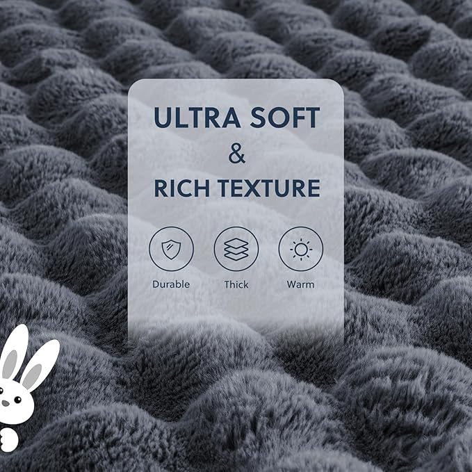 Cozy Faux Fur Throw Blanket for Bed-Warm Fuzzy Throw Blanket, Soft Plush Thick Bubble Blankets for Bedroom and Living Room, Furry Luxury Blanket, 90 x 90, Grey