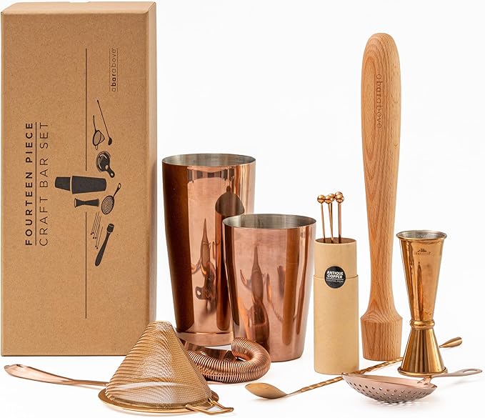 A Bar Above 14-Piece Antique Copper Bartender Kit, Premium Stainless Steel Barware Gift Set for Home Bar, Includes Shaker, Jigger, Strainers, Spoon, Picks, Professional Mixology Tools