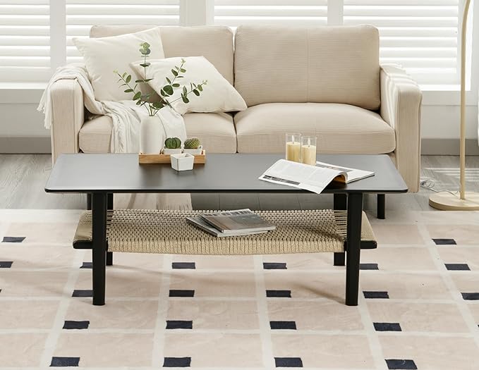 Black Coffee Table for Living Room Farmhouse Coffee Table with Natural Rattan Storage Shelf Large 2-Tier Rectangular Center Table for Living Room Reception