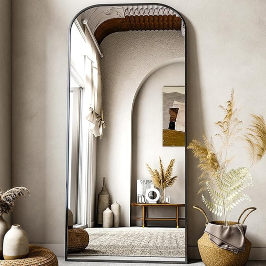 Full Length Mirror, 71"x28" Floor Mirror Freestanding, Arched Floor Standing Large Mirror Full Body Mirrors with Stand for Bedroom, Hanging Mounted Mirrors for Living Room,Black