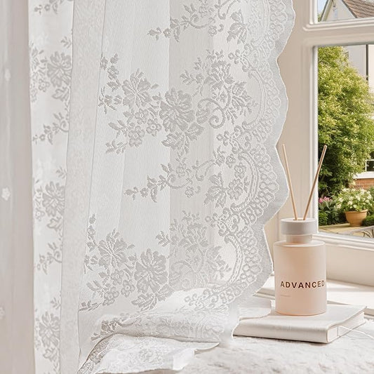 White Lace Sheer Curtains – Vintage Floral Lace for Living Room/Bedroom, Airy Light Filtering Rod Pocket Drapes, Privacy Elegant Chic Victorian Pattern Design, 52W x 63L Inch, 2 Panels