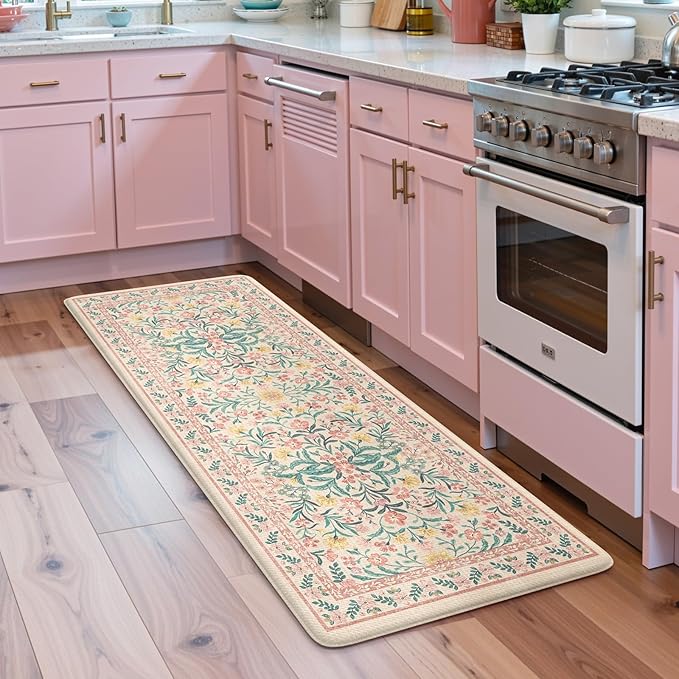 Collive Kitchen Mats Cushioned Anti Fatigue, Non Slip Waterproof Kitchen Floor Mat Modern Pink Floral Sink Rug, Comfort Desk Standing Rugs for Bedroom, Laundry, Home Office, 2'x5'