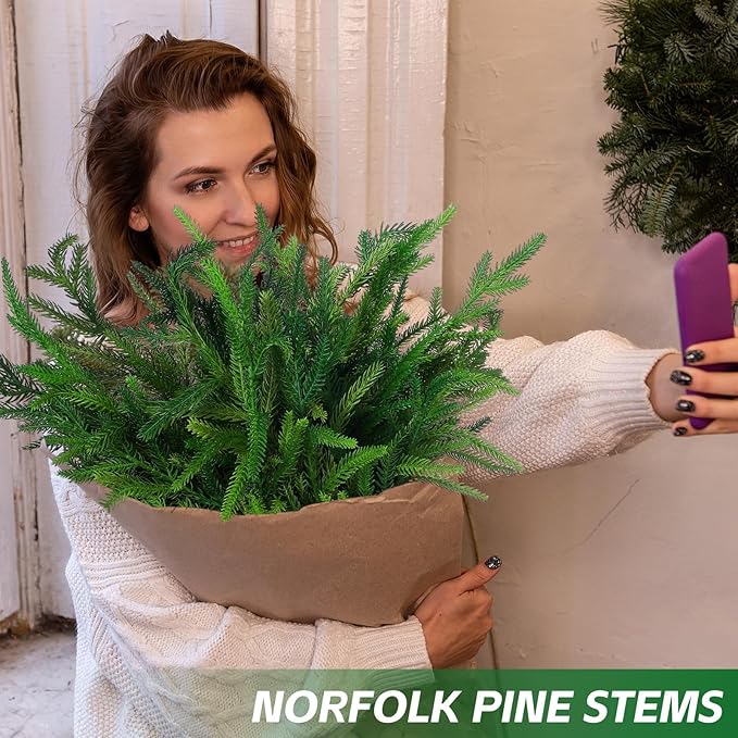Jutom 6 Pcs 18 Inch Christmas Norfolk Pine Branches, Lifelike Bendable Non-Shedding Greenery Stems Faux Pine Picks for Christmas Mantel Centerpiece Garland Wreath and Holiday Decor