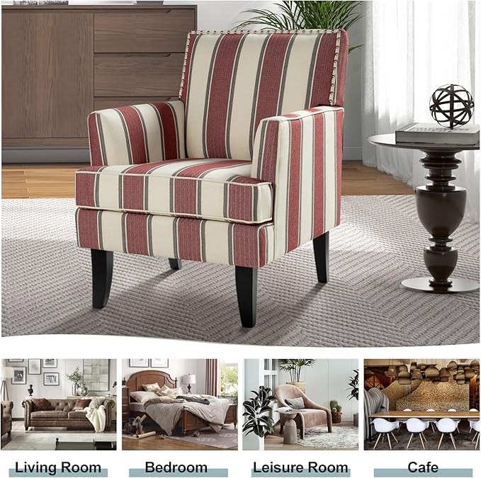 HULALA HOME Modern Accent Chairs Set of 2, Farmhouse High Back Striped Chairs with Wooden Legs & Nail Head Trim, Comfy Upholstered Armchairs for Living Room/Bedroom (Stripe Red)