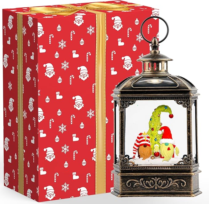 Musical Snow Globe Lantern Lighted Christmas Gnomes Santa Elf Snow Water Lantern with Swirling Glittering Home Decoration and Gift, Battery Operated or USB Powered