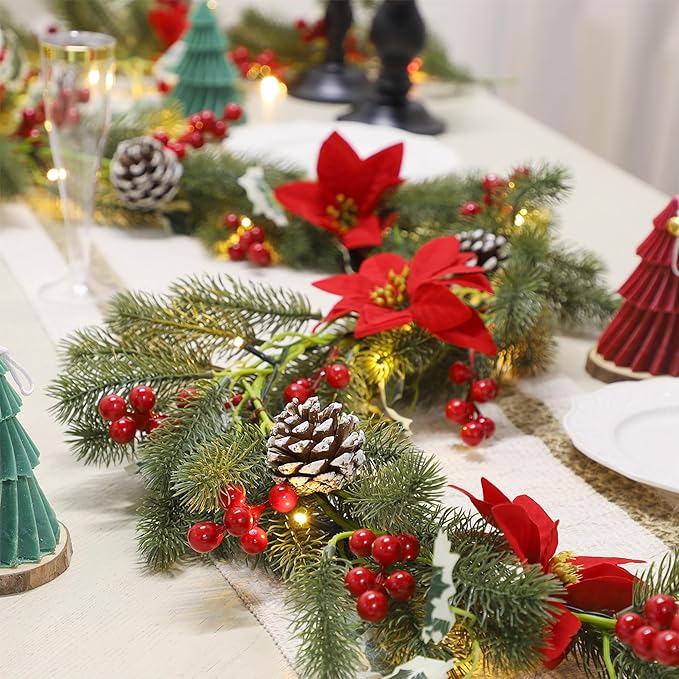ATDAWN 9 FT Christmas Garland with Lights, Battery Operated Christmas Garland, Garland with Red Berry, Pine Cone and Poinsettia for Indoor Home Winter Holiday New Year Xmas Decorations