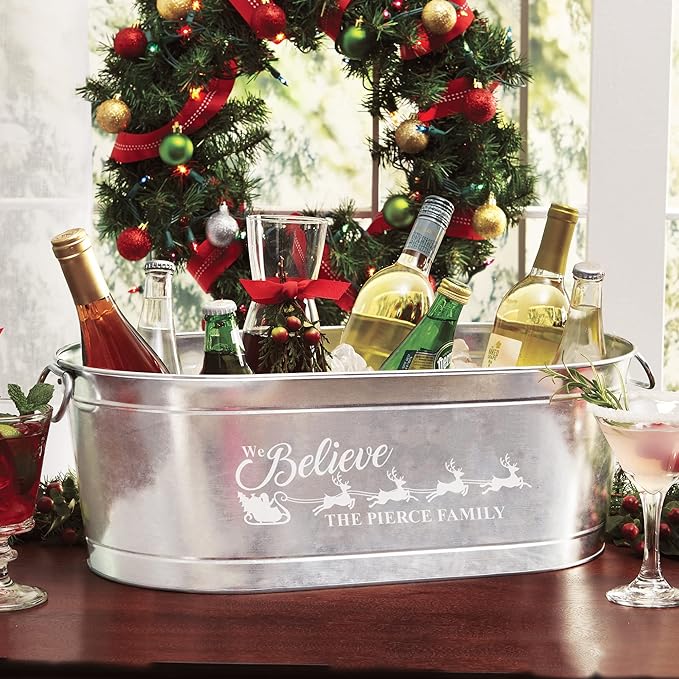 Let's Make Memories Personalized Beverage Tub - Christmas Party - We Believe - Metal - Engraved - 5.5 Gallons - w/Stand