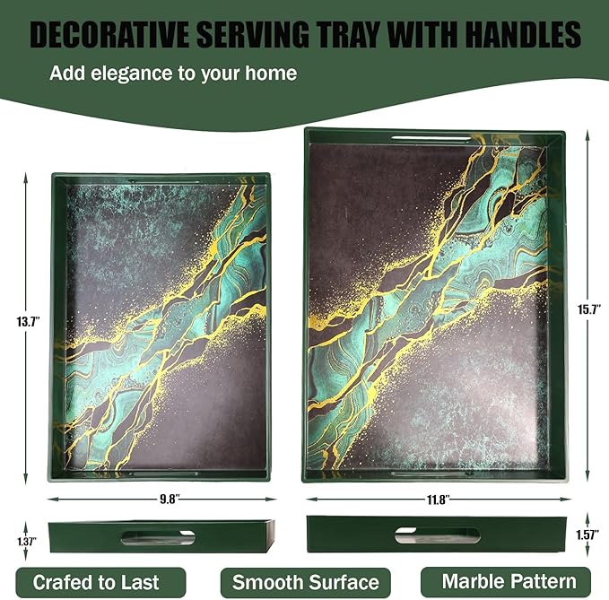Set of 2 Green Marble Serving Trays with Handles, Plastic Nesting Trays for Coffee Table, Ottoman, Kitchen, Living Room, Outdoor, Patio, Large 15.7”*11.8”*1.6”, Small 13.7”*9.8”*1.4”