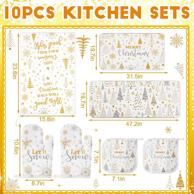 10 Pcs Christmas Kitchen Decor Set Kitchen Towels and Rugs Oven Mitts Pot Holders Absorbent Towels for Baking Cooking BBQ Gifts Home Decor(White and Gold,Understated)