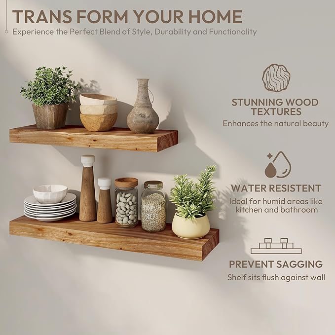 Marsmiles 24 inch Floating Shelves for Wall Solid Elm Wood Shelves|Rustic Wall Shelves with Invisible Heavy-Duty Bracket for Bathroom Living Room Kitchen|Natural, 2 Pack