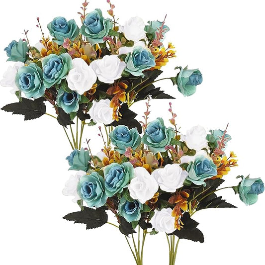 4 Bunches of Artificial Roses. 48 Small Roses. Plastic Silk Flower .Suitable for Plant Decoration of Family Hotel Wedding Christmas.（Peacock Blue）