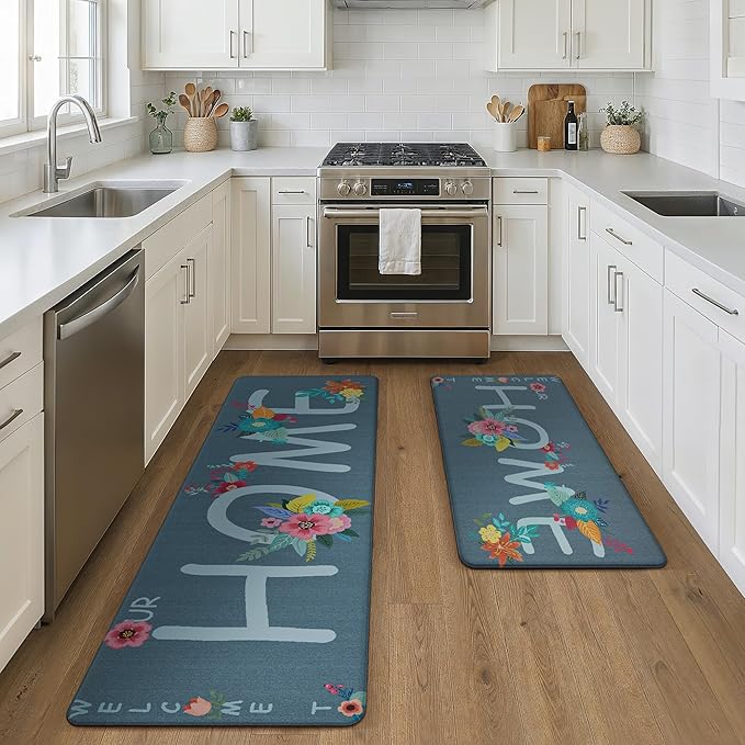 GENIMO Anti Fatigue Kitchen Mats for Floor, Non Slip Washable Home Theme Rugs Sets of 2, Farmhouse Cushioned Waterproof Comfort Runner Rug for Kitchen, Sink, Desk, Laundry, 17"x 59"+17"x 30", Blue