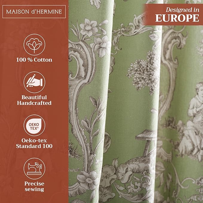 Maison d' Hermine Curtains for Living Room 100% Cotton 124 inch Length Two Panels Light Filtering Toile Curtains for Bedroom Windows with Rod and Loop Pockets Drapes (Joli Jouy Green, 50" W x 124" L)