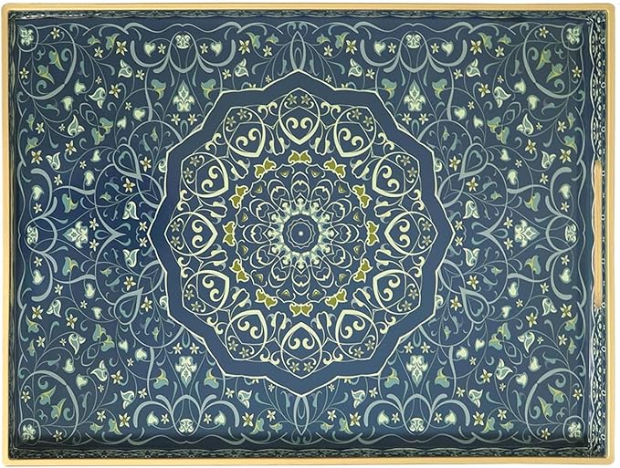 Decorative Tray, Blue Serving Tray with Handles, Ottoman Trays, Plastic Coffee Table Tray for Living Room, Bathroom, Kitchen, Decor, 15.7”*11.8”