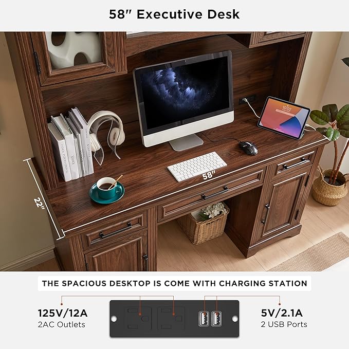 JXQTLINGMU Farmhouse 76" Height Computer Desk with Hutch, Office Desk with Charging Station, Drawers and Storage Cabinet, Workstation for Office Home, Brown