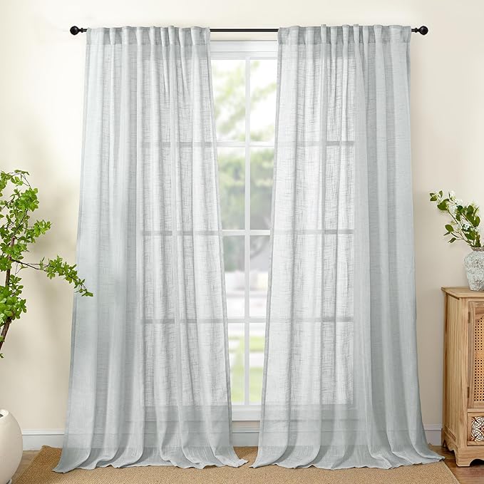 YoungsTex Light Grey Linen Semi Sheer Curtains 84 Inch Length for Living Room, Light Filtering Window Treatments Rustic Textured with Rod Pocket Back Tab for Dining Bedroom, 2 Panels, 52 X 84 Inch