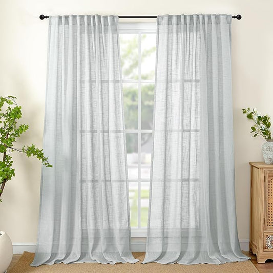YoungsTex Light Grey Linen Semi Sheer Curtains 84 Inch Length for Living Room, Light Filtering Window Treatments Rustic Textured with Rod Pocket Back Tab for Dining Bedroom, 2 Panels, 52 X 84 Inch