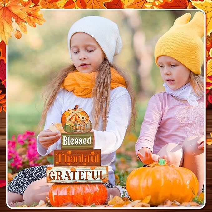 4 Pcs Fall Thanksgiving Decor for Home Thanks Pumpkin Wooden Signs with Blessed Autumn Tiered Tray Decor Give Thanks Tabletop Centerpiece Grateful Block Signs for Fall Office Kitchen Shelf