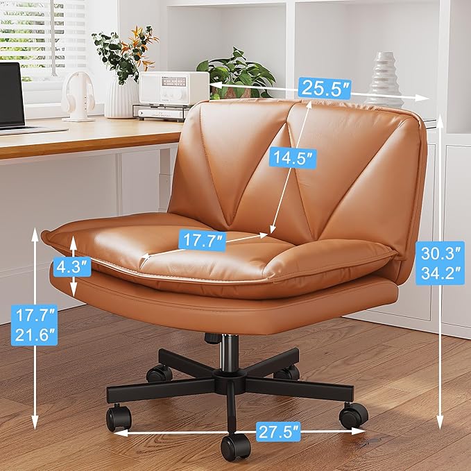 Armless Criss Cross Chair with Wheels, Leather Cross Legged Office Chair with 2-Layer Cushion,Swivel Modern Home Office Desk Chair 25.5" Wide Seat Height Adjustable,Vanity Chairs,Orange