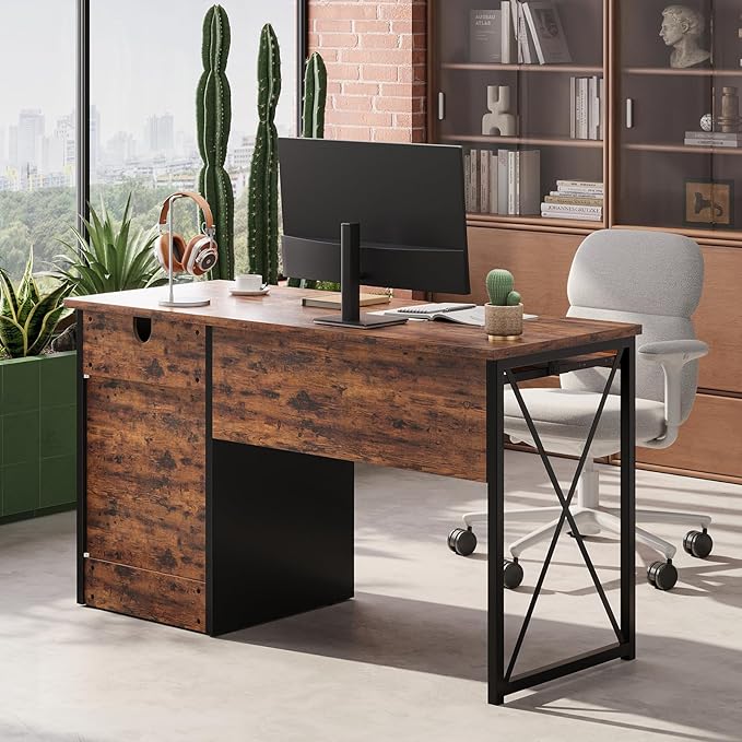 Bestier 47" Computer Desk with Drawers, Small Home Office Desk with Drawer, Reversible Industrial Office Desk with Storage & Keyboard Tray for Small Space Home Office & Studio, Rustic Brown