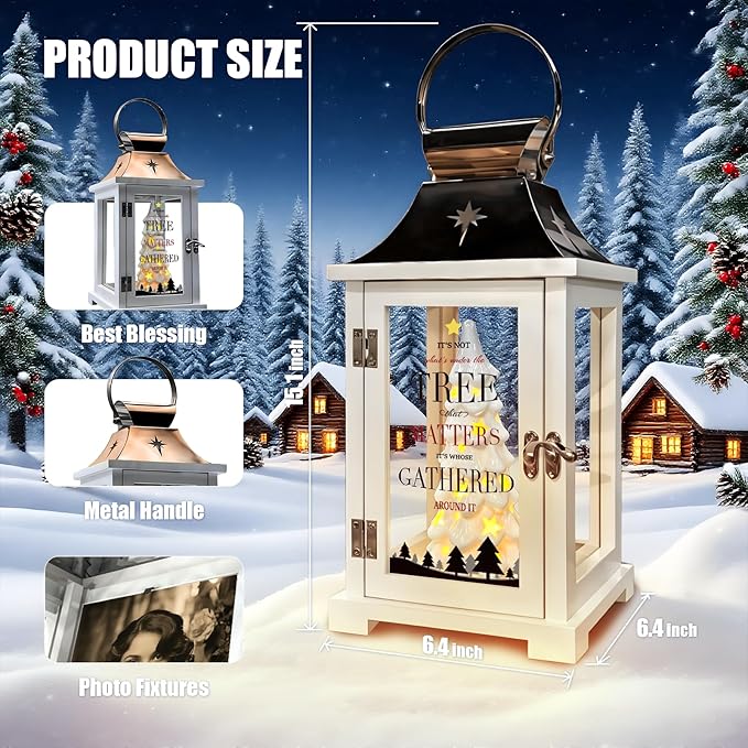 Christmas Candle Lanterns Decorative Indoor- Hanging Candle Lantern with Ceramic Christmas Tree that Light up for Modern Farmhouse Decor, Christmas Lantern for Xmas Table Centerpieces, Home Décor