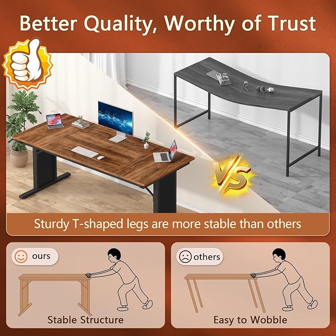 63 inch Computer Desk, Large Executive Office Desk, Farmhouse Work Desk Study Writing Table for Home Office, Brown