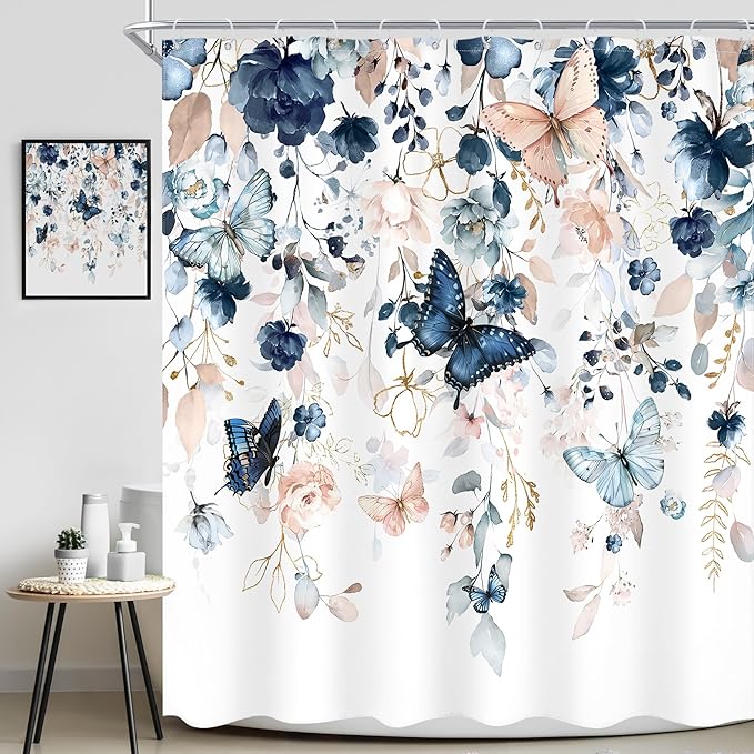 Blue Floral Butterfly Shower Curtain 72Wx72L Inch Navy Flower Plant Gold Leaves Botanical Pastel Watercolor Bathroom Set Pretty Rustic Country Bath Curtain Bathtub Accessories Home Decor