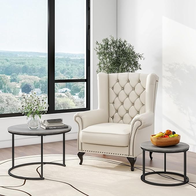 HOJINLINERO Nesting Round Coffee Table Set of 2 End Tables for Living Room,Grey Coffee Table Wooden Accent Furniture with Metal Frame,Stacking Side Tables,Black+Warm Grey