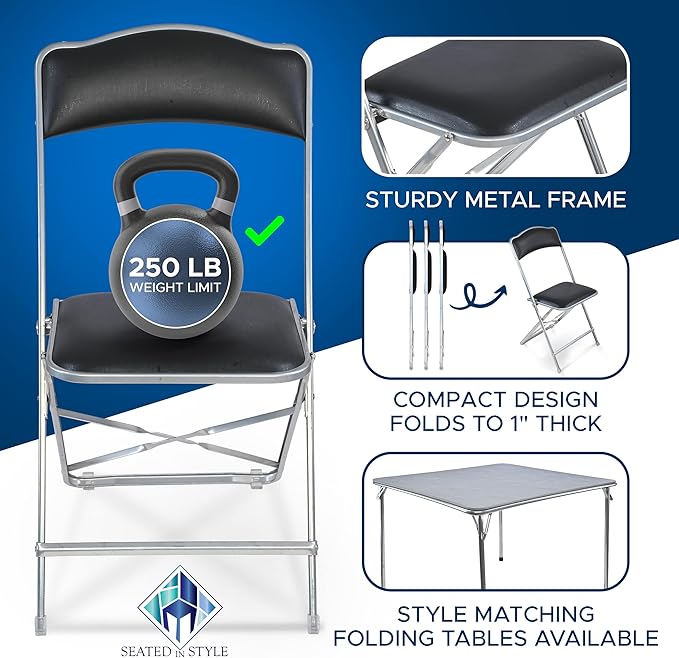 Folding Chairs with Padded Seats 4 Pack - Foldable Chair with Heavy-Duty Steel Frame, Elegant Party Chairs, Metal Folding Chair for Outside, Home, Office, Indoor & Outdoor Events - Silver/Black