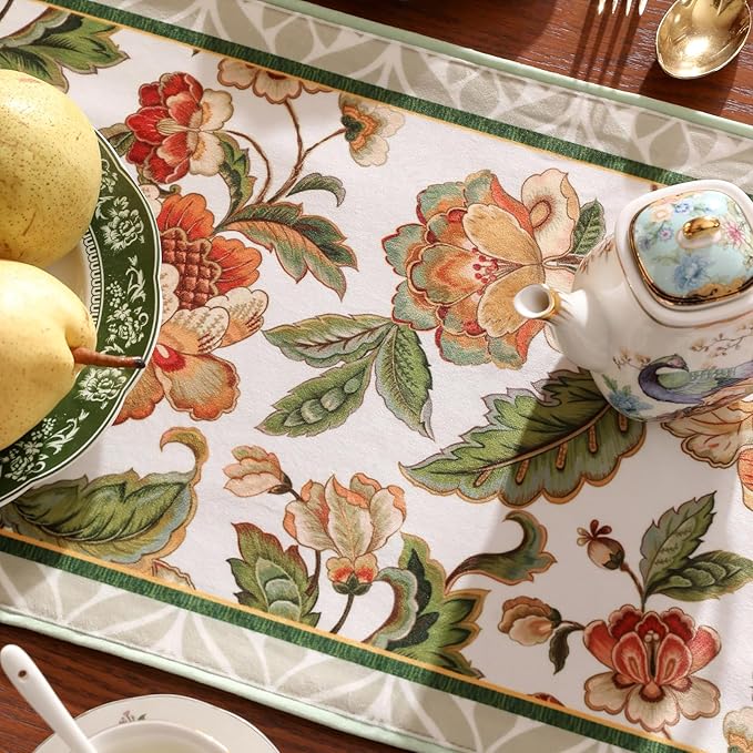 patdrea Designer Elegant French Floral Velvet Table Runner, Fresh Green with Orange Blossoms Pattern Table Mat, Decoration for Kitchen Dining Coffee Table Cabinet Banquet Thanksgiving,12"*87"