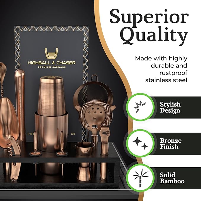 Highball & Chaser Bartender Kit with Black Bamboo Stand Beautiful Cocktail Shaker Set and Bar Tools Stainless Steel Boston Shaker Bartender Kit with Stand (Antique Copper)