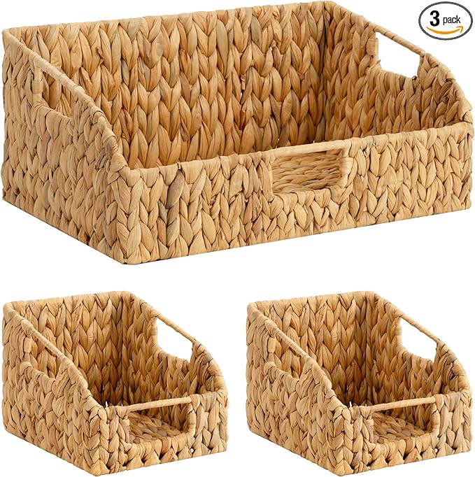 StorageWorks Water Hyacinth Pantry Storage Baskets, Wicker Baskets with Built-in Handles, Handwoven Shelf Baskets for Organizing, Pantry Organizers and Storage, 3 Pack