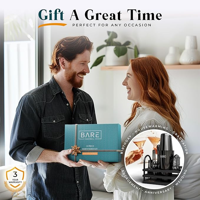 BARE BARREL® Mixology Bartender Kit Bar Set | 14-Piece Cocktail Shaker Set | Martini Barware Mixing Tools for Home Bartending | 35 Recipe Cards | Gift Set (28oz Boston Shaker, Jet Black/Black)