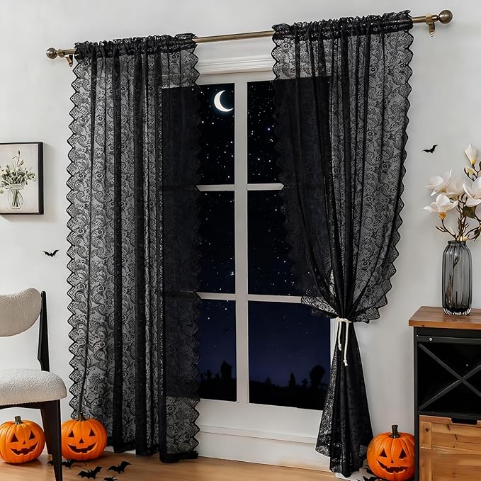 Black Lace Sheer Curtains – Vintage Floral Lace for Living Room/Bedroom, Halloween Curtains Gothic Privacy Light Filtering Rod Pocket Window Drapes, 52W x 108L Inch, 2-Panel Set