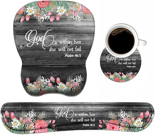 Ergonomic Mouse Pad Wrist Support and Keyboard Wrist Rest Set with Coasters, Non-Slip PU Base, Easy Typing & Pain Relief for Computer Laptop Home Office, Floral Quote Bible Verse Psalm 46:5